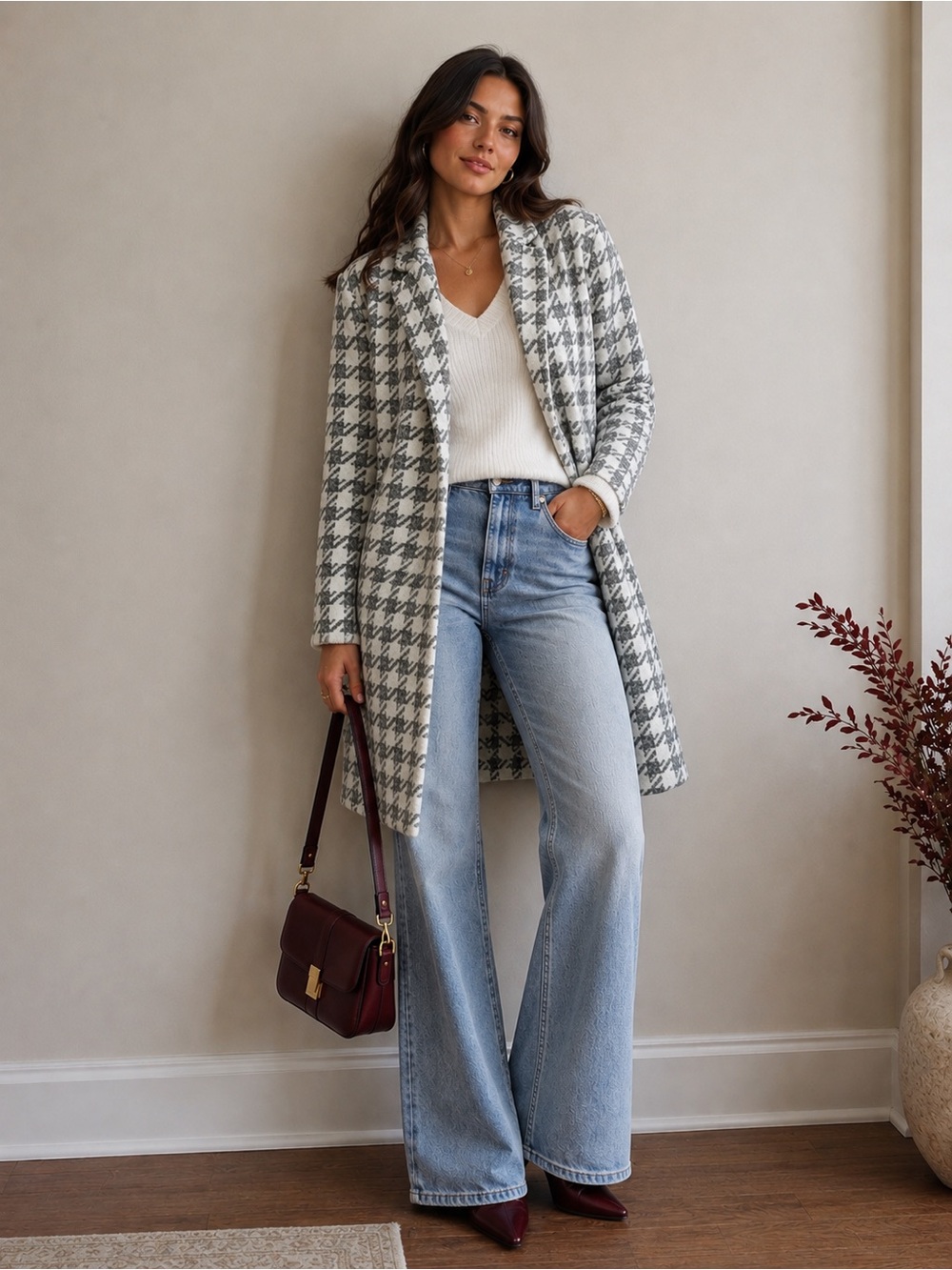 MELLODAY Black & White Houndstooth Knit Cardigan